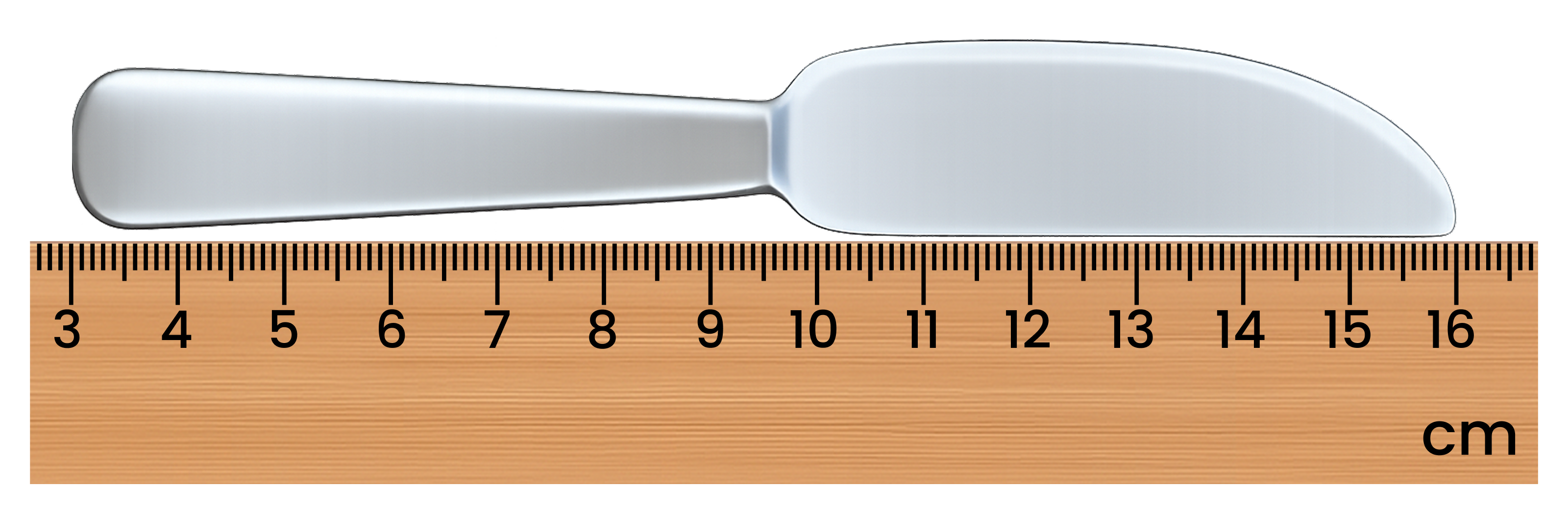 Original: A silver butter knife (spreader) is shown lying horizontally above a wooden ruler. The ruler displays centimetre markings from 3 cm on the left to 16 cm on the right, with the unit label "cm" in the bottom-right corner. The ruler has major tick marks at each centimetre and minor tick marks at each millimetre. The tip of the butter knife handle begins at approximately 3.5 cm and the tip of the blade ends at approximately 16.5 cm, giving a total length of approximately 13 cm. The knife has a narrow cylindrical handle on the left that widens into a broad, flat, rounded spatula-style blade on the right.