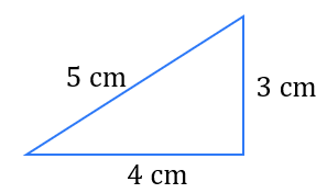 Original: A scalene triangle drawn with blue lines on a white background. The triangle has three labeled sides: the left/hypotenuse-like slanted side is labeled "5 cm", the right vertical side is labeled "3 cm", and the bottom horizontal base is labeled "4 cm". The triangle's apex is at the top right, with the bottom-left vertex at the lower left and the bottom-right vertex at the lower right.