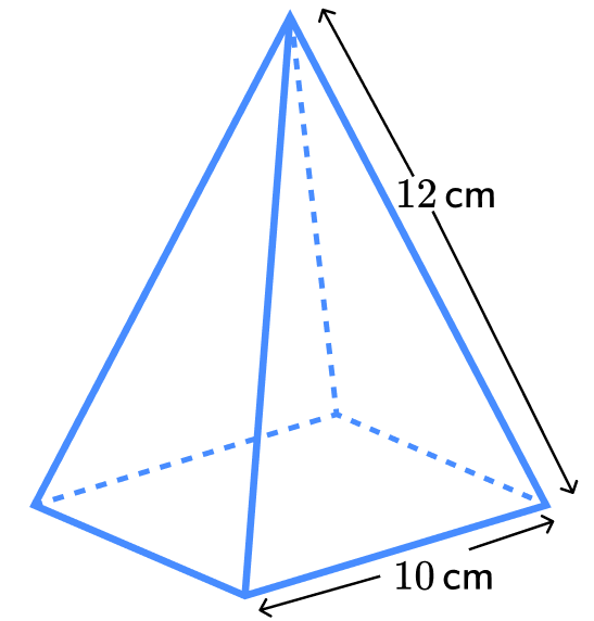 Original: A 3D diagram of a square-based pyramid drawn in blue. The pyramid has a square base and four triangular faces meeting at a single apex at the top. The base is drawn in perspective with two sides visible as solid blue lines and two sides shown as dashed blue lines indicating hidden edges. A dashed vertical line runs from the apex down to the center of the base, representing the height. Two dashed lines run from the center of the base to two of the base corners, also indicating hidden internal structure. A solid black arrow with double heads on the right side of the pyramid is labeled "12 cm" indicating the slant edge (lateral edge) from the apex to a base corner. A solid black arrow with double heads along the bottom right base edge is labeled "10 cm" indicating the length of one side of the square base.