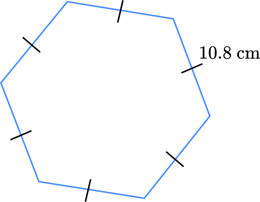 Original: A regular hexagon drawn with blue lines. All six sides are marked with single tick marks indicating they are equal in length. The right side of the hexagon is labeled "10.8 cm" in black text outside the shape. The hexagon is oriented with a flat top and bottom edge slightly tilted, resembling a natural irregular hexagon shape.