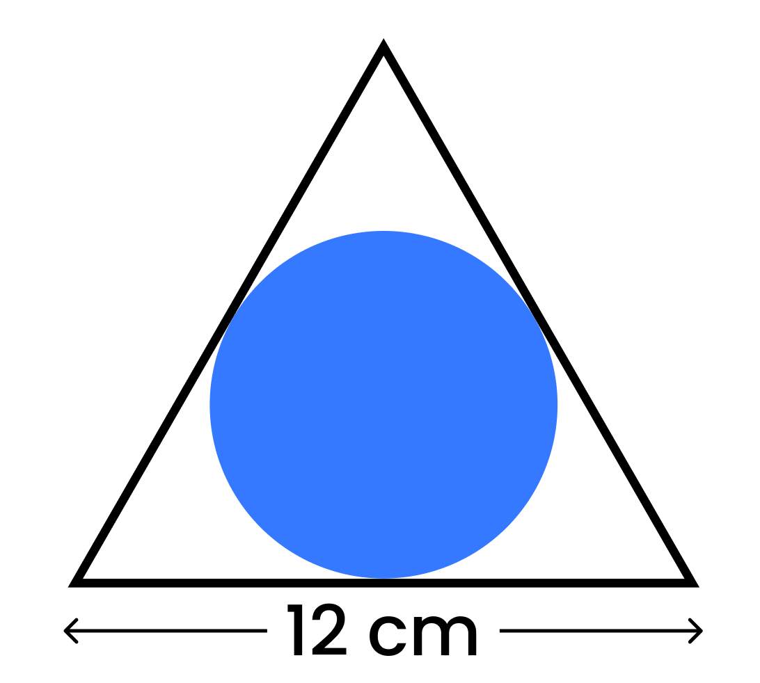Original: An equilateral triangle with a blue filled circle inscribed inside it. The circle touches all three sides of the triangle. A horizontal double-headed arrow below the triangle indicates the base length, labeled "12 cm". The triangle has black outlines and the circle is solid blue.