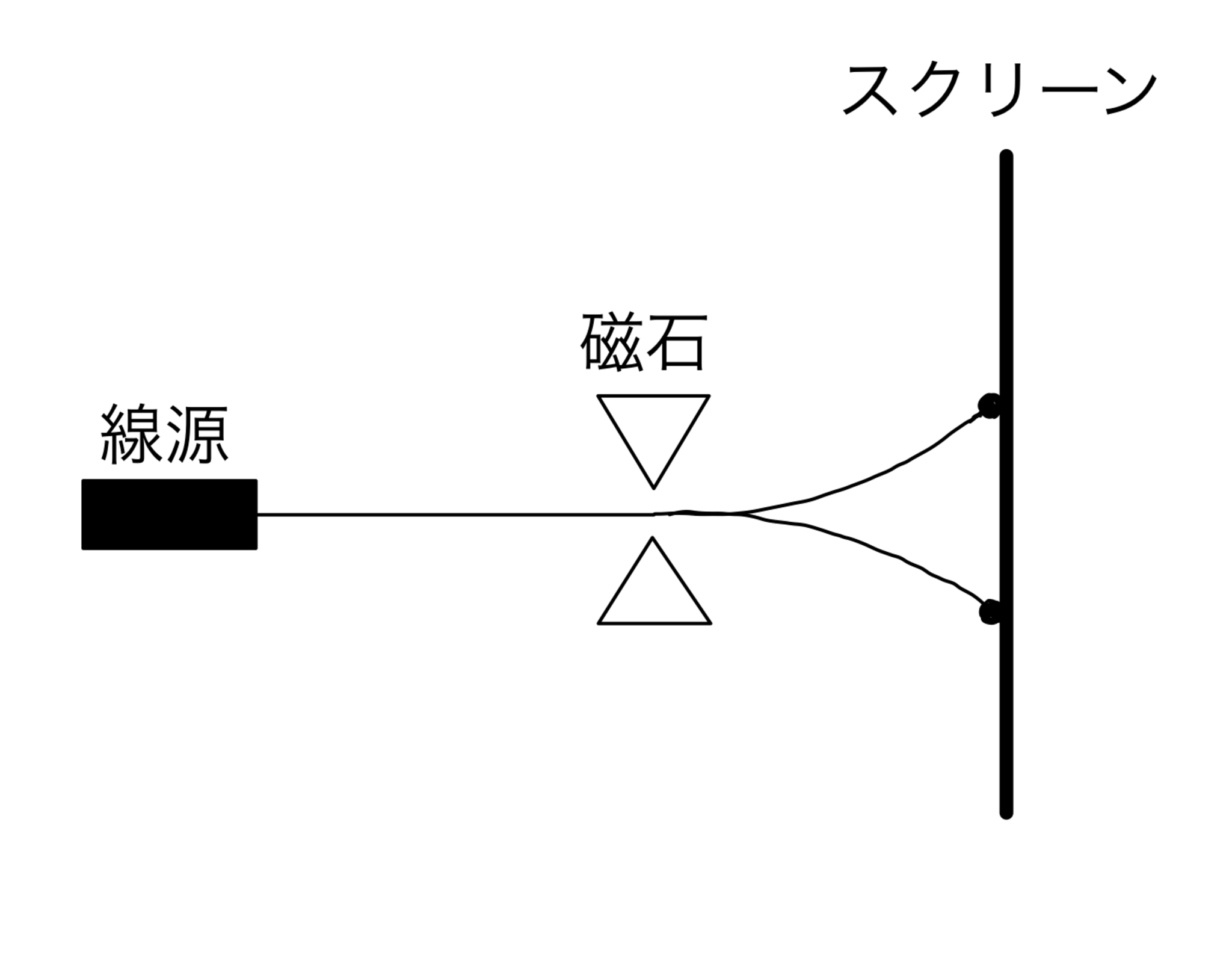 シュテルン・ゲルラッハの実験。線源からスピンをもつ粒子を飛ばし、途中で磁場を縦方向にかけると、スクリーンの2点に粒子が辿り着く。元の実験では銀原子を飛ばしている