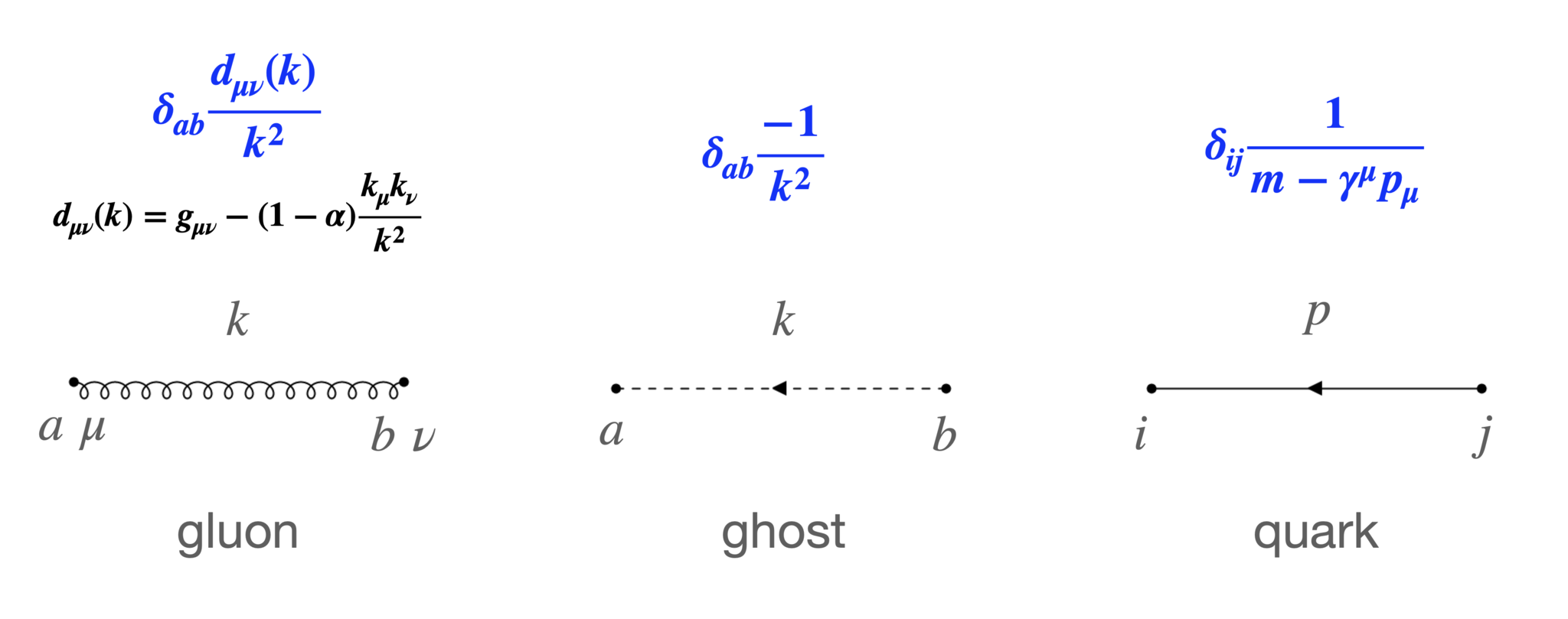 各粒子のpropagator。$\gamma^\mu$はガンマ行列（記事冒頭の規約参照）