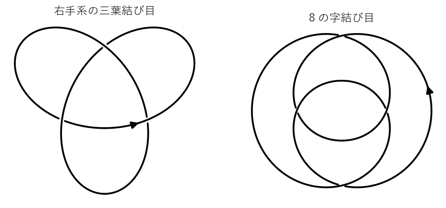 右手系の三葉結び目（3 つの交差はすべて正）と 8 の字結び目（正の交差 2 つと負の交差 2 つ）の図式。矢印は向き。