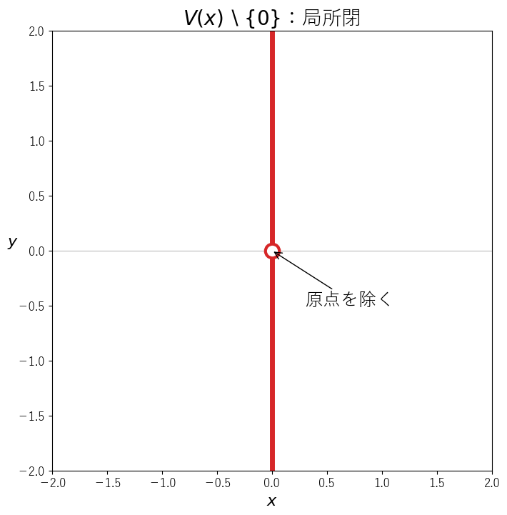 平面の実数の点で描いた y 軸から原点を除いた集合。局所閉集合である