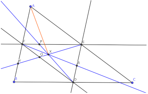 中点三角形のナーゲル点Xが角の二等分線(橙)の交点になる。