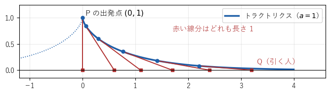 a=1 のトラクトリクス（青）。赤い線分は各点の接線のうち、接点から x 軸までの部分で、どれも長さ 1。点線は左右対称なもう一方の枝