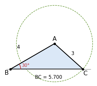 角 B = 30°、AB = 4、AC = 3 を満たす三角形のうち、BC が約 5.700 のもの