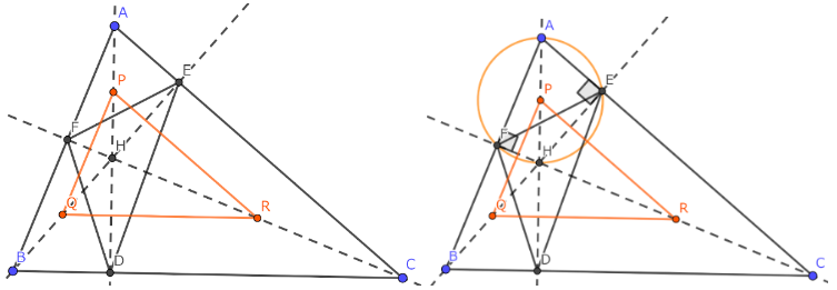 (左)オレンジの三角形がオイラー三角形である。(右)証明に用いる図