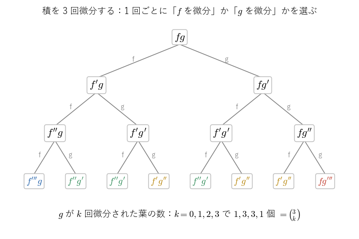 積 !FORMULA[281][1173727][0] を 3 回微分するときの木。1 回ごとに「!FORMULA[282][37794][0] を微分」か「!FORMULA[283][37825][0] を微分」かを選ぶ。葉（最下段）のうち !FORMULA[284][37825][0] が !FORMULA[285][37949][0] 回微分されたものが !FORMULA[286][-611260929][0] 個（!FORMULA[287][1192582648][0] で !FORMULA[288][752250372][0] 個）あることを見る図。