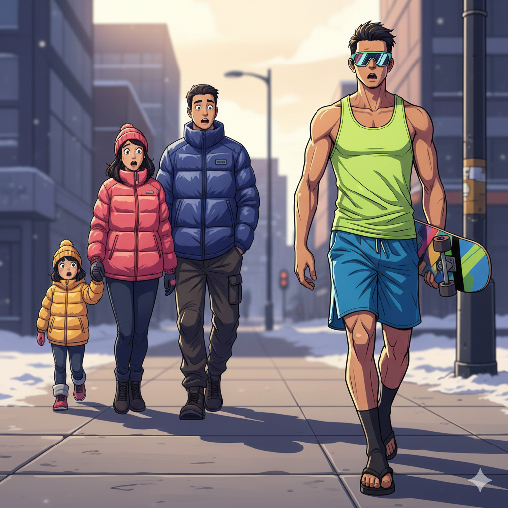 タンクトップ, 半ズボンで歩く人