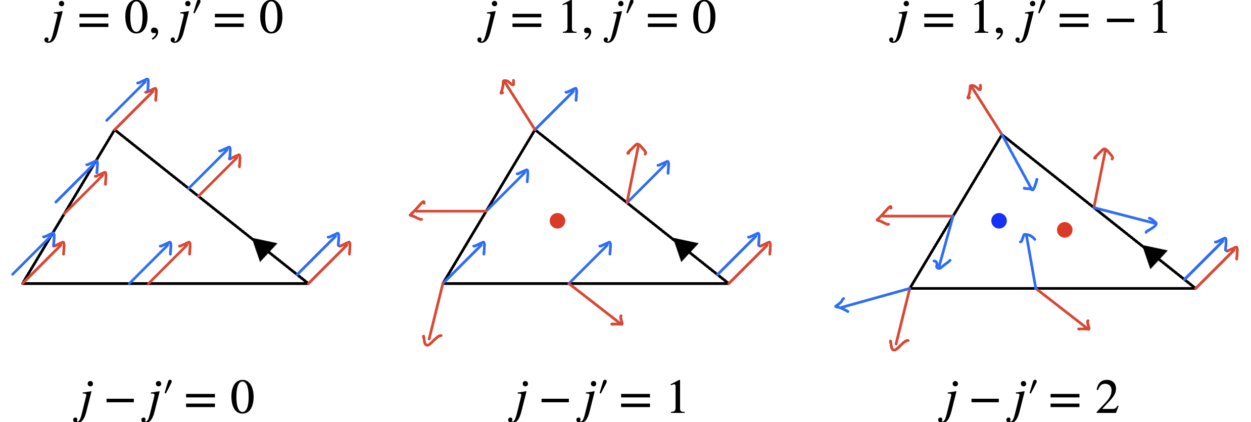 三角形分割の各領域の辺上における2つのベクトル場（!FORMULA[44][36802][0]が赤、!FORMULA[45][1140991][0]が青）。赤と青の点はそれぞれ!FORMULA[46][1096675225][0]の特異点を表す。
