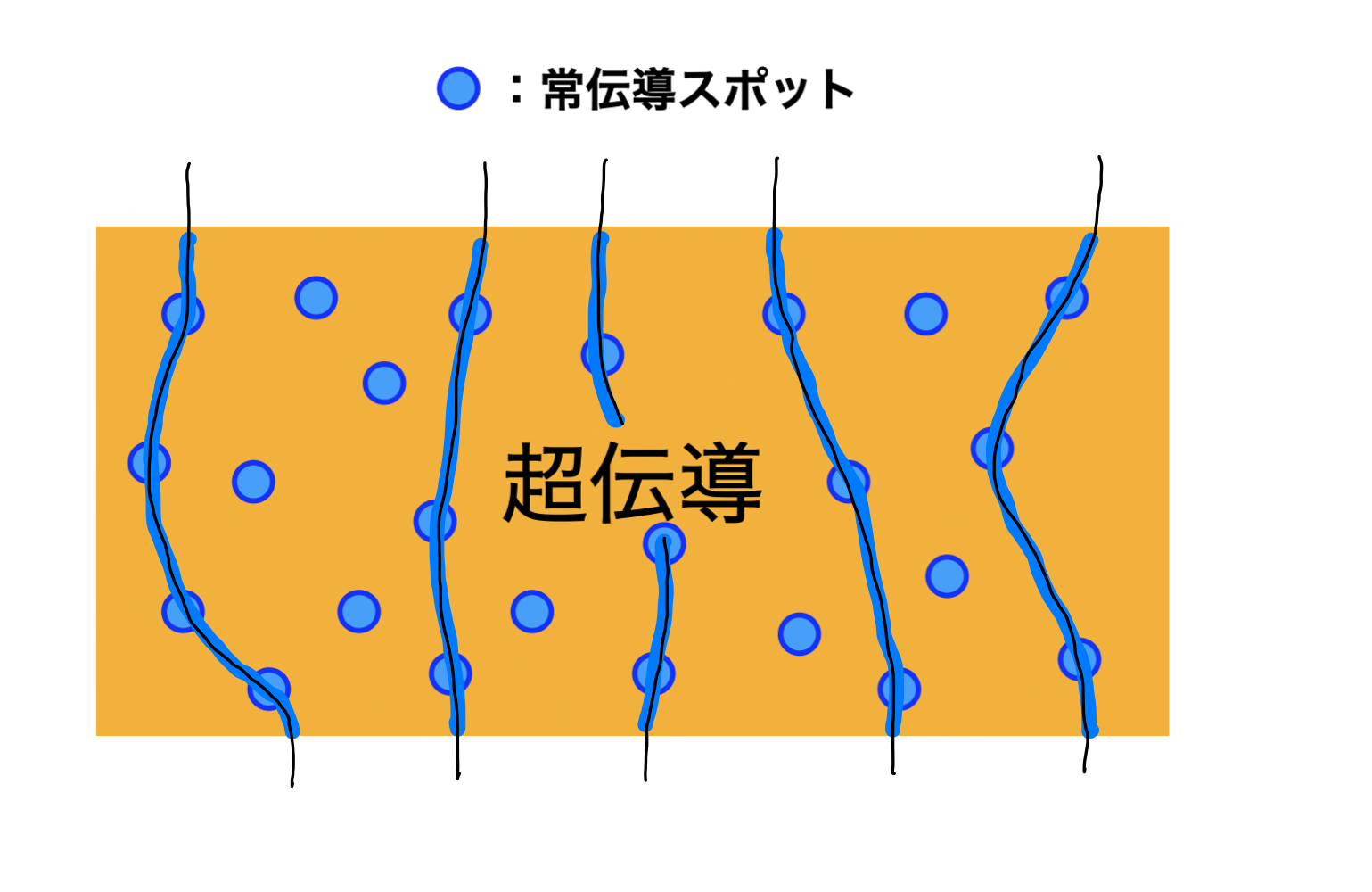 ピン留めの概念図。青い部分は常伝導状態。エネルギーを下げるため、磁束（黒い線）は常伝導スポットを通る。