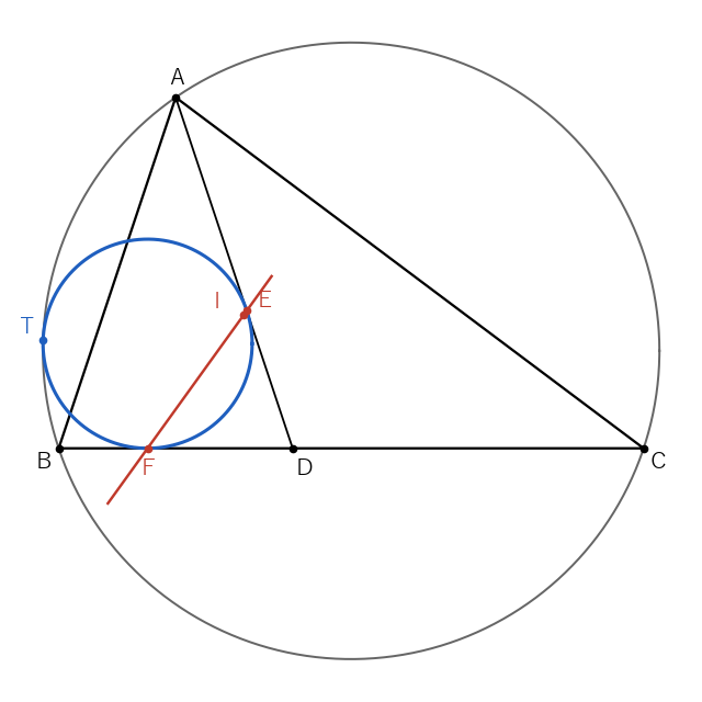 A(1,3)、B(0,0)、C(5,0)、D(2,0) の場合。線分 DA、DB と外接円に接する円の接点 E、F を結ぶ直線が内心 I を通る