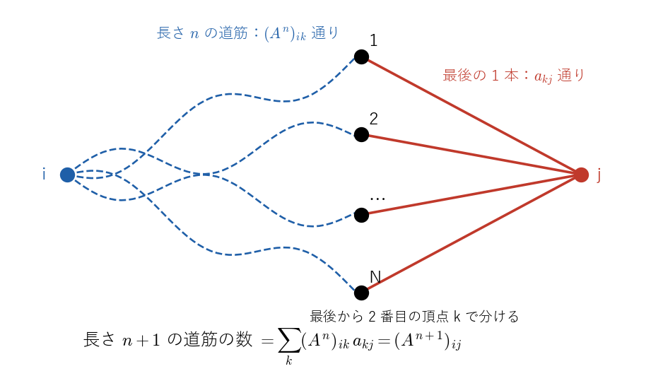 頂点 !FORMULA[188][37887][0] から頂点 !FORMULA[189][37918][0] への長さ !FORMULA[190][36566644][0] の道筋を、最後から 2 番目の頂点 !FORMULA[191][37949][0] で分けて数える様子。青の破線が長さ !FORMULA[192][38042][0] の道筋（!FORMULA[193][-1791919647][0] 通り）、赤が最後の 1 本の辺（!FORMULA[194][1341829599][0] 通り）で、!FORMULA[195][37949][0] について足すと行列の積の成分になることを見る図。