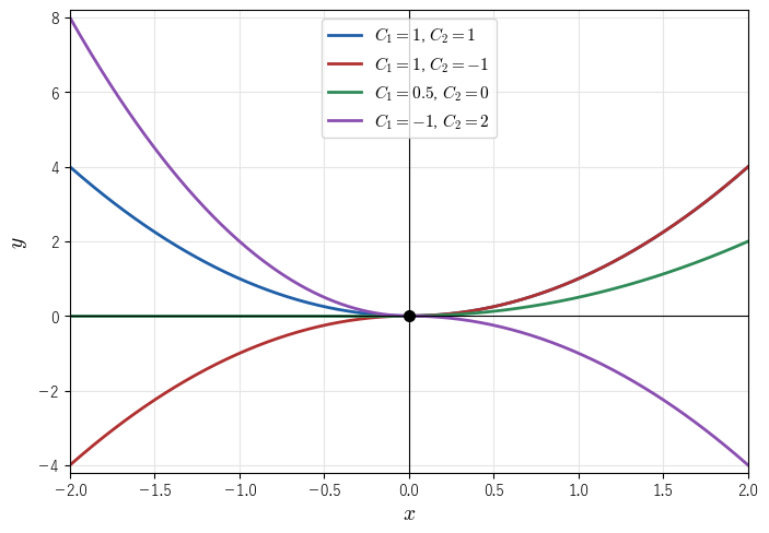 xy'-2y=0 の解のうち 4 本。x が正の側と負の側で係数を別々に選べ、どれも原点を通る