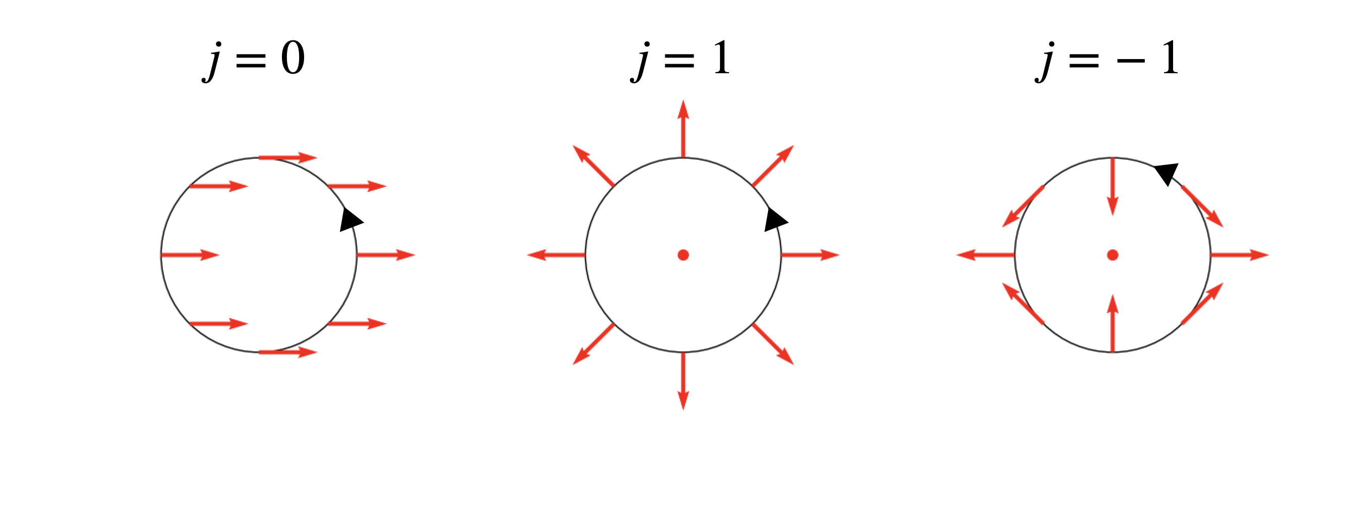 特異点の指数の例。!FORMULA[7][37918][0]が指数。円内の赤点は特異点。黒矢印は経路の方向。