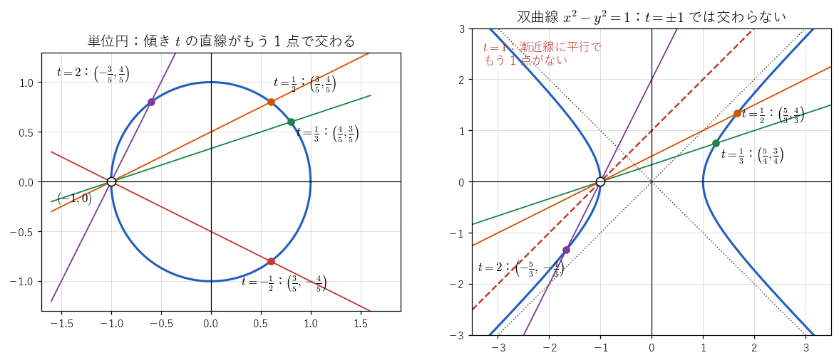 点 !FORMULA[424][791994055][0] を通る傾き !FORMULA[425][38228][0] の直線の束。左は単位円で、どの !FORMULA[426][38228][0] でももう 1 点で交わる。右は双曲線 !FORMULA[427][1307100200][0] で、!FORMULA[428][1251290607][0] なら右の枝、!FORMULA[429][1251292529][0] なら左の枝と交わり、!FORMULA[430][36762688][0]（漸近線 !FORMULA[431][36913844][0] に平行、赤の破線）ではもう 1 点がない。!FORMULA[432][1139639923][0]（漸近線 !FORMULA[433][1144259729][0] に平行、図には描いていない）も同様である。点線は 2 本の漸近線である。