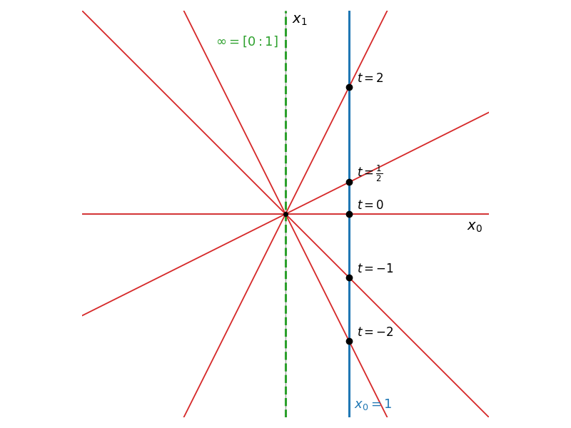 原点を通る直線と、直線 x0=1 との交点の高さ t。x1 軸は交わらず、無限遠点に対応する