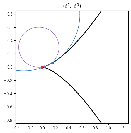 (t², t³) の尖点（赤の点）の近くの曲率円。t=0.4（青）、t=0.2（紫）と尖点に近づくと円は小さくなる