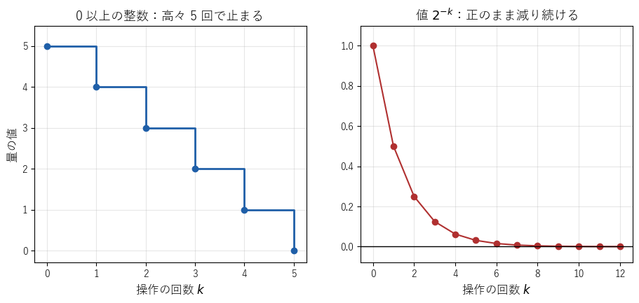 左は 0 以上の整数の値をとる量で、1 回ごとに 1 以上減るので 5 回以内に止まる。右は値 2 の -k 乗の量で、正のまま減り続けて止まらない
