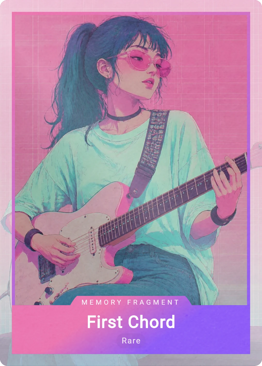First Chord welcome-edition card featuring a guitarist in pink and teal anime artwork