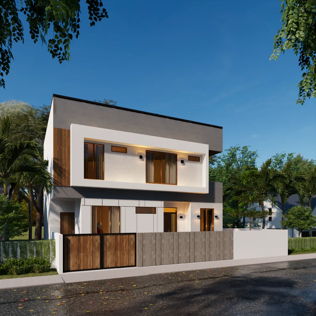 Render perspektif arsitektur rumah modern yang menunjukkan detail material dinding, balkon kaca, dan pencahayaan eksterior yang estetis.