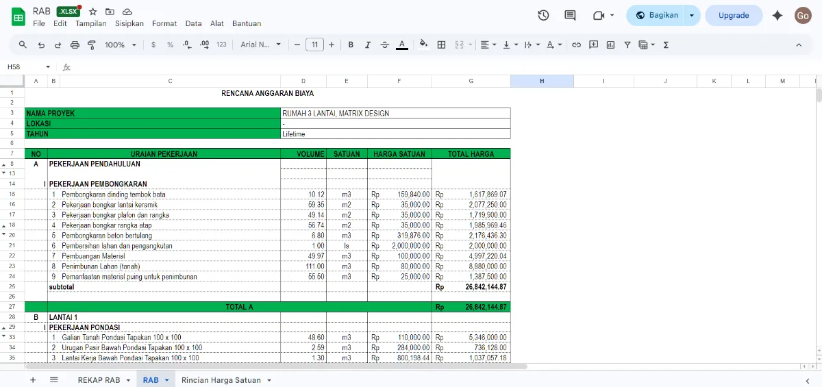 Lembar kerja Microsoft Excel yang menampilkan rekapitulasi rencana anggaran biaya (RAB) pembangunan rumah lengkap dengan volume material dan harga satuan.