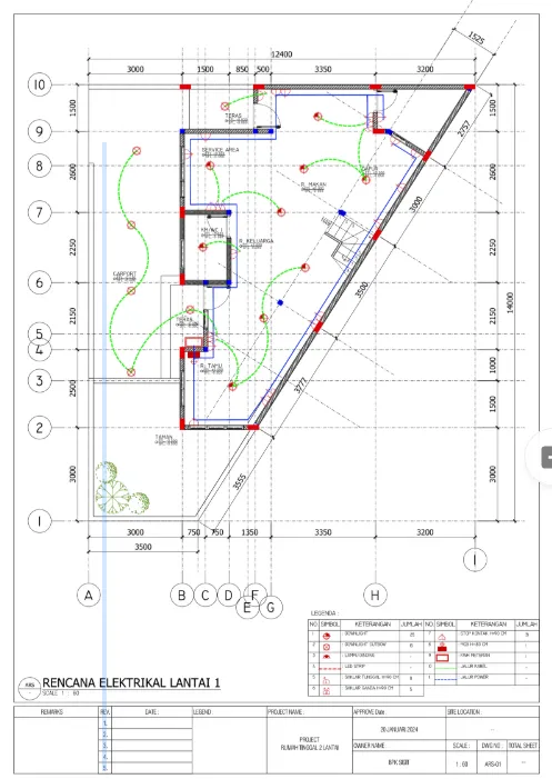 Diagram rencana instalasi listrik dan titik lampu pada denah rumah untuk memastikan tata letak utilitas yang efisien dan aman.