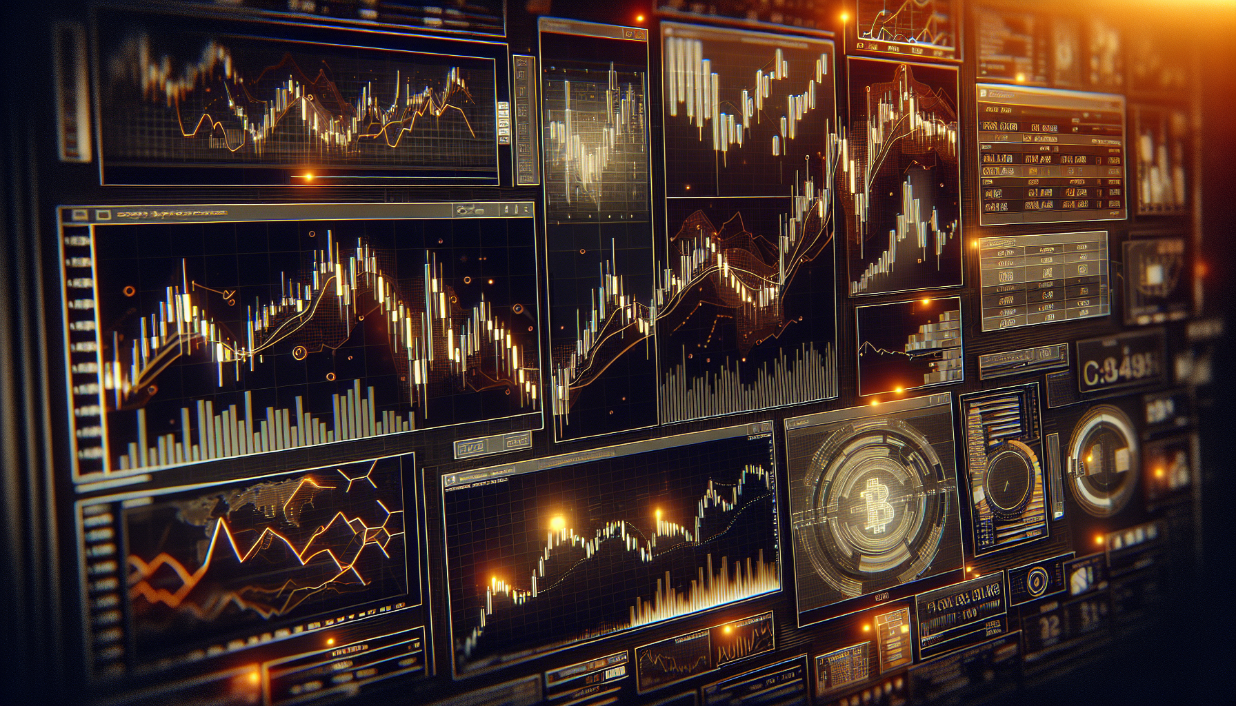 Imagen de plataformas de trading con gráficos y datos financieros en un entorno de alta tecnología