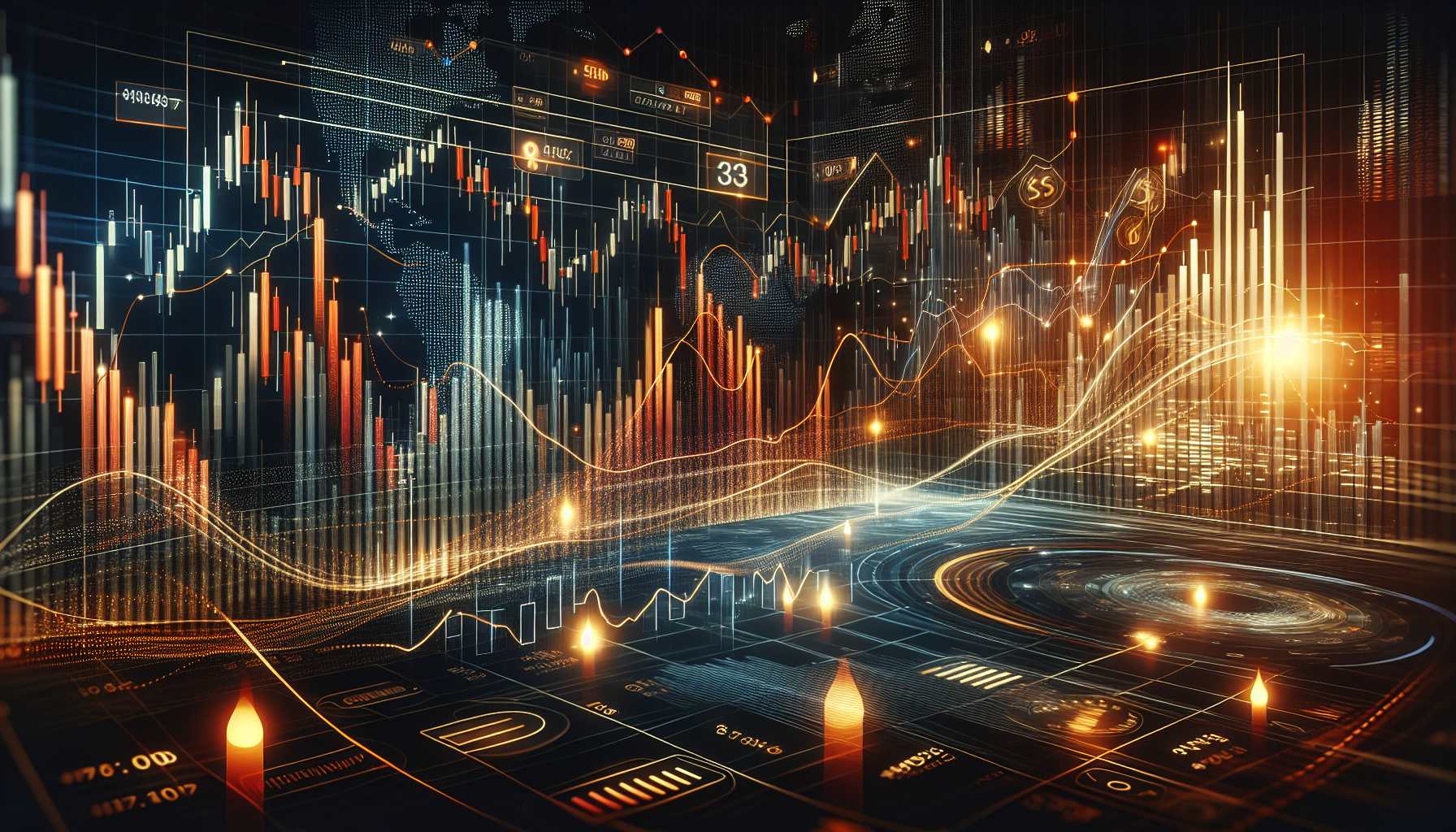 Gráfico de trading en movimiento con velas y líneas de tendencia en un fondo oscuro, representando plataformas de trading.