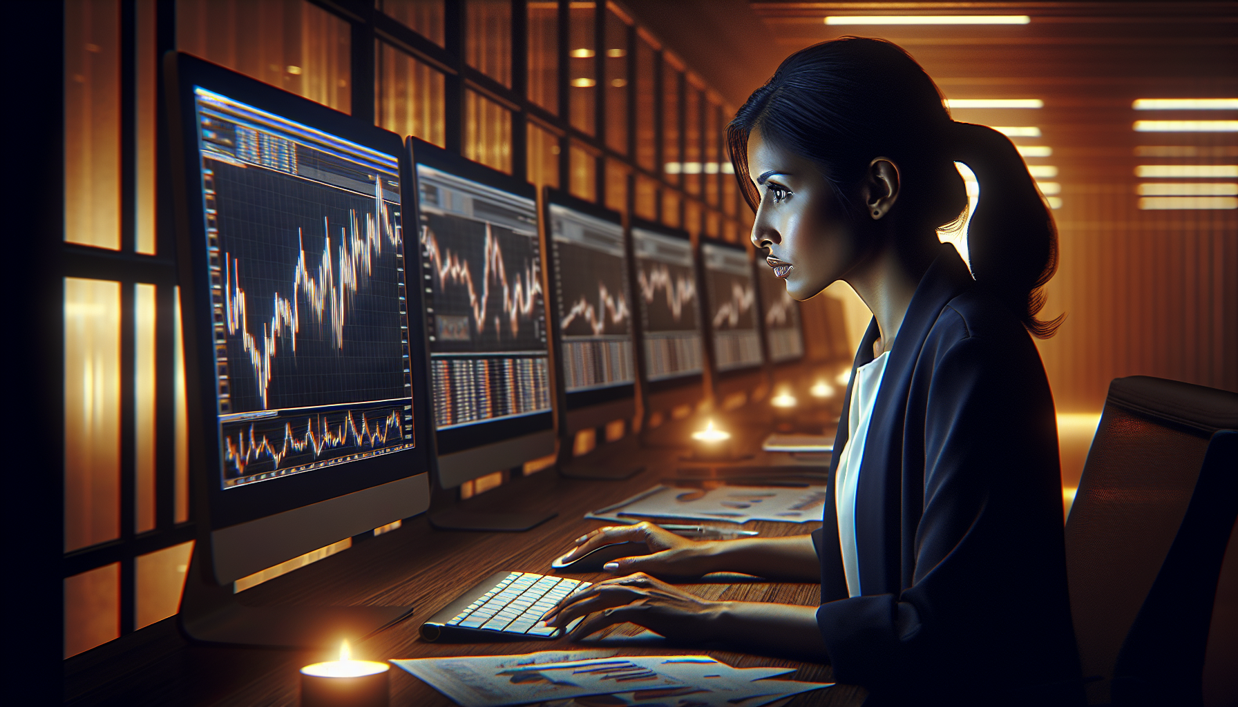 Imagen que representa la psicología del trader, mostrando un trader concentrado en un entorno financiero