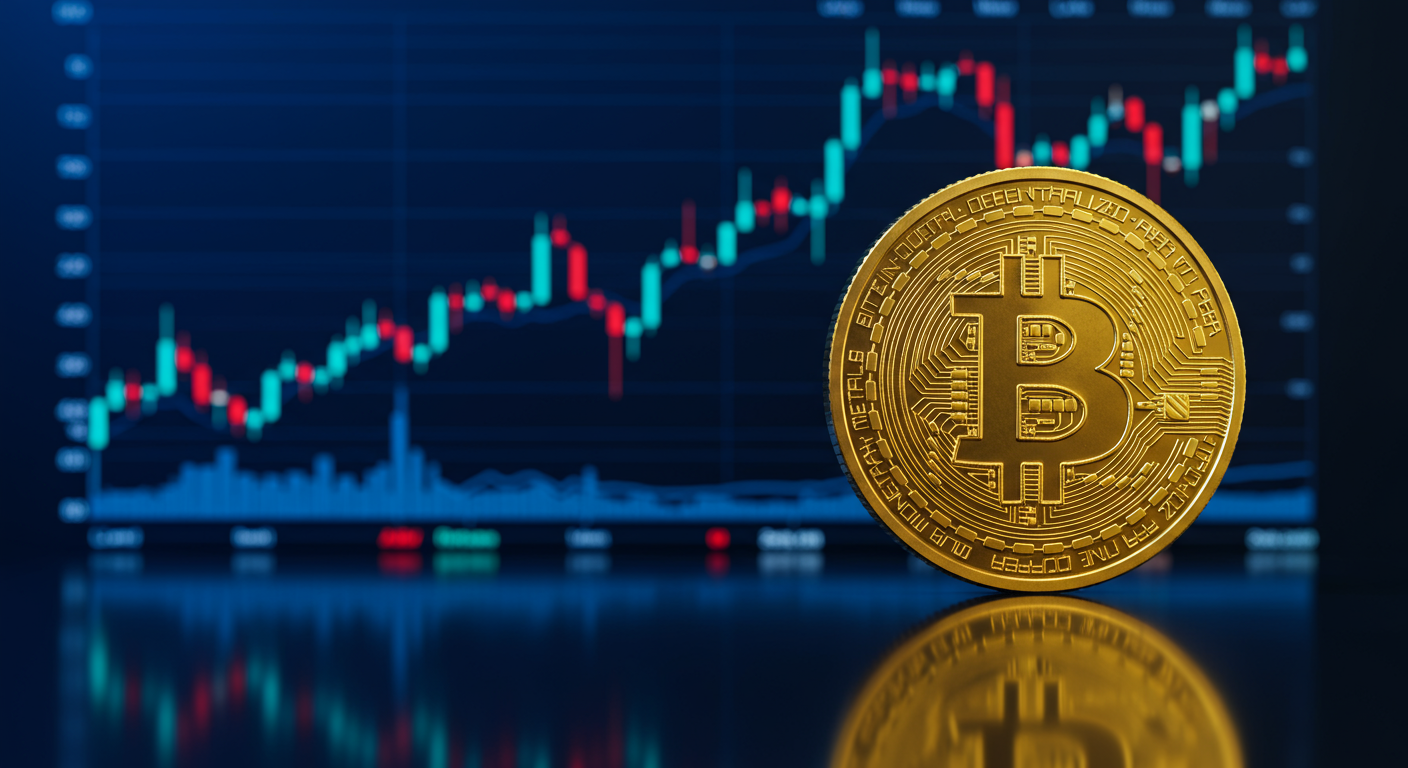 Gráfico de trading que representa la inversión en criptomonedas, con velas japonesas y líneas de tendencia, en un estilo profesional fintech.