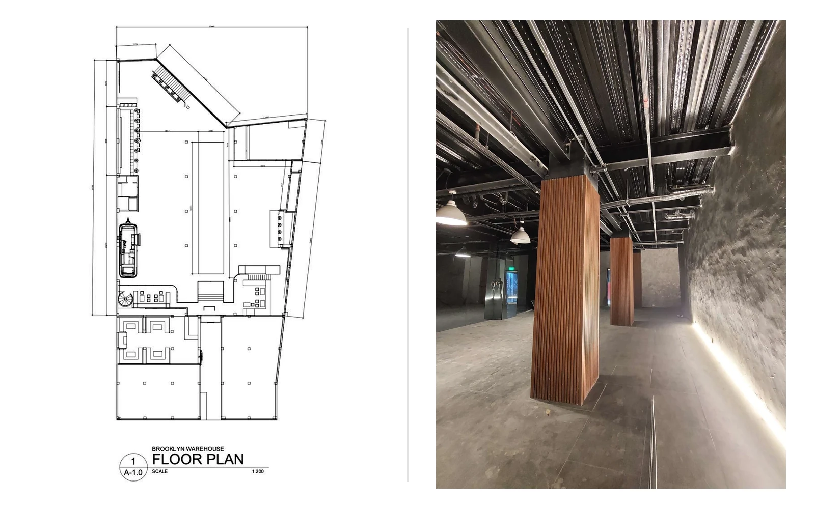 Reference floor plan and function room of the event space adjoining Brooklyn Warehouse