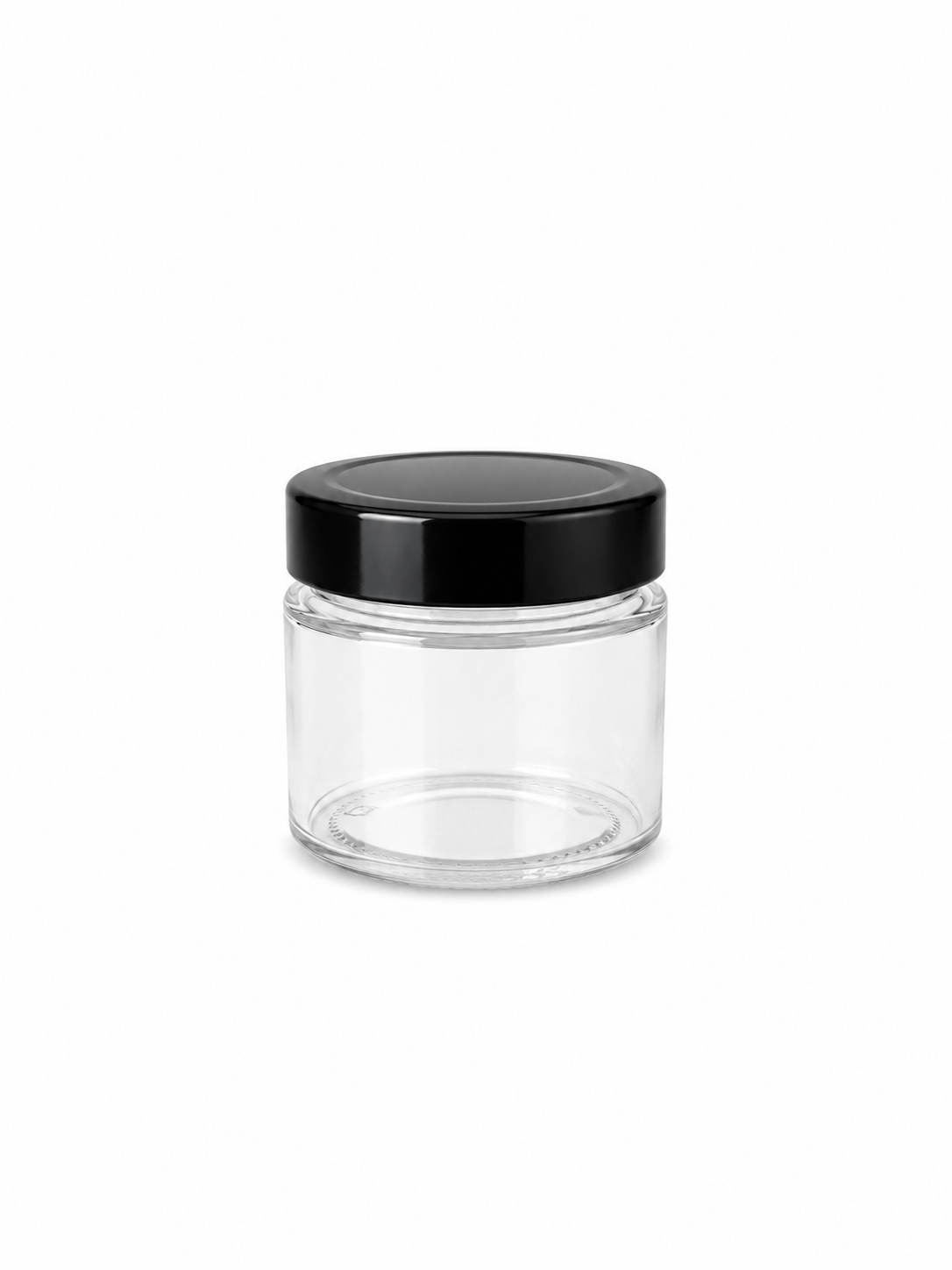 Pot en verre transparent avec couvercle noir
