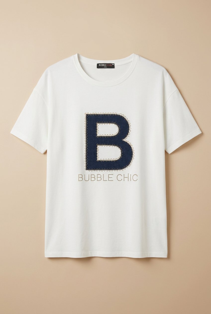 Памучна тениска с дънкова щампа с камъчета Bubble Chic