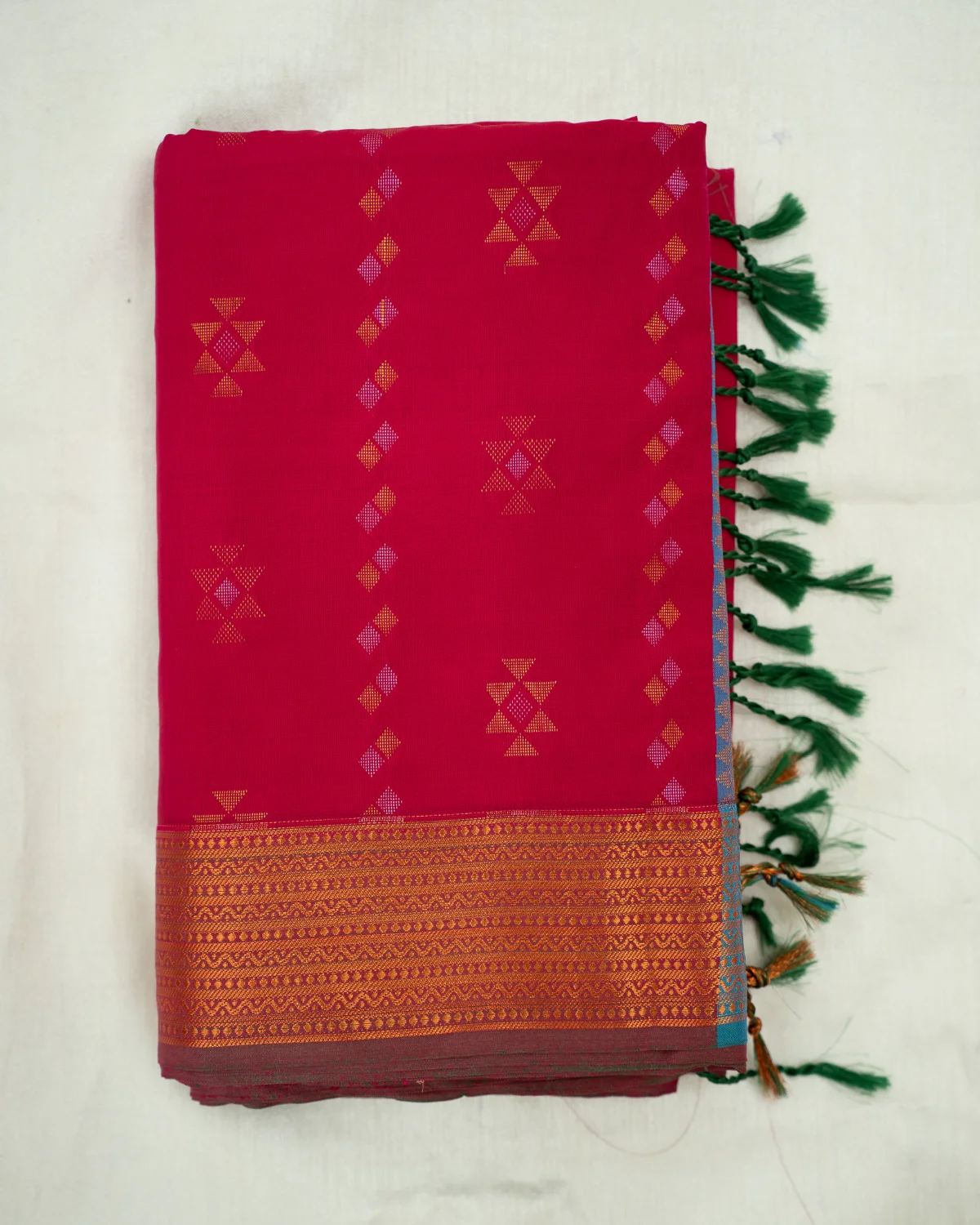 Kolam Red Kanchipuram Saree with Geometric Buttas
