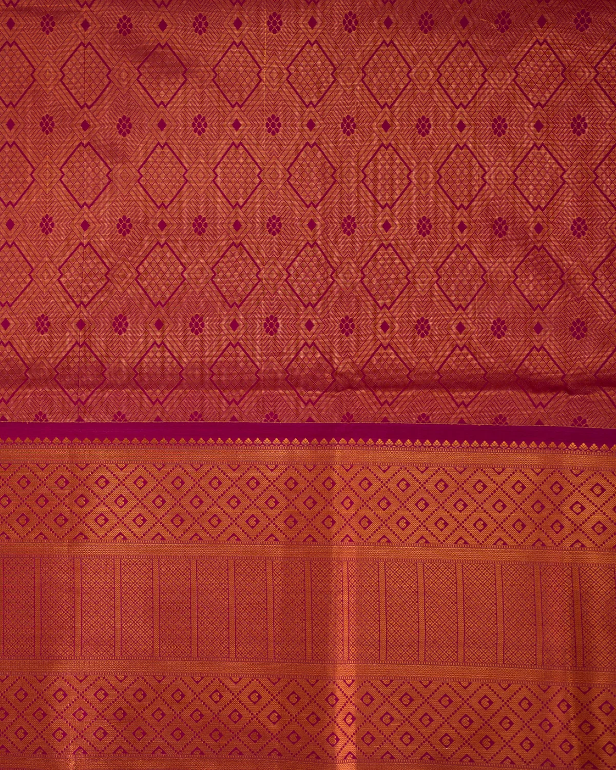 Tarang Ananda Kanchipuram Saree with Wavy Butta — Broad copper-toned Kanchipuram pallu
