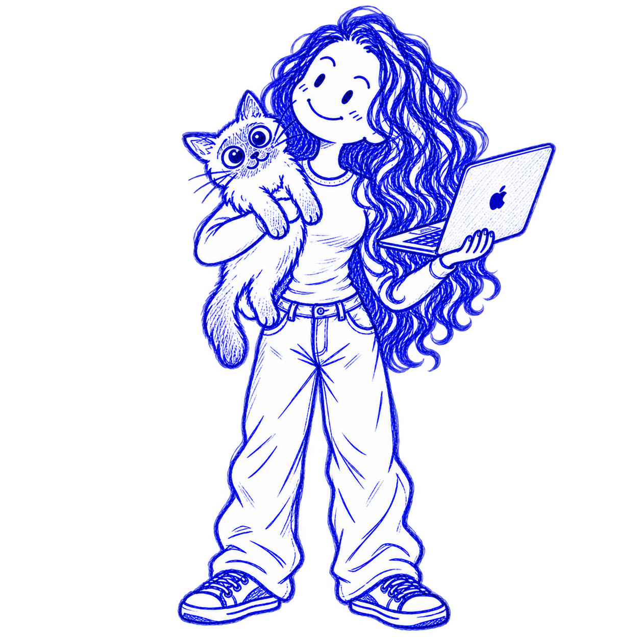 Blue ballpoint sketch of Maya hugging a cat