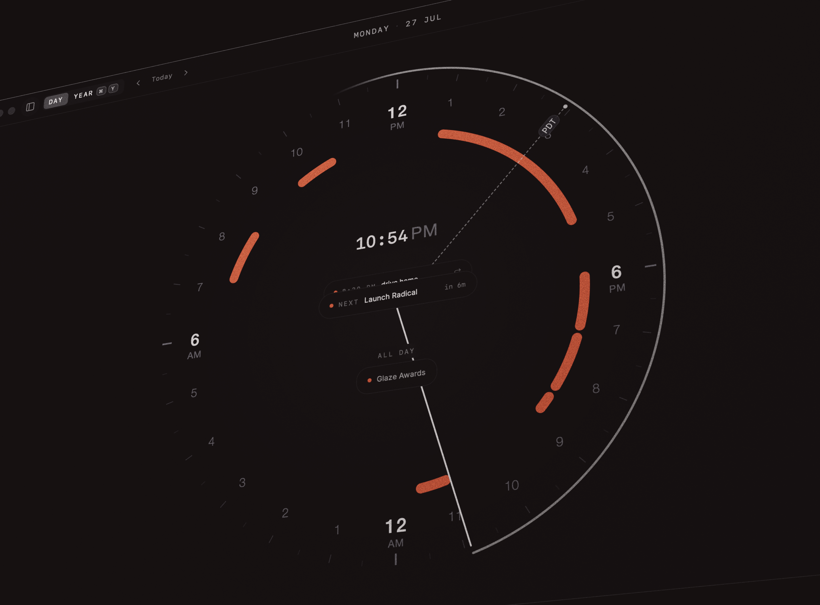 Radical desktop day view with circular calendar interface