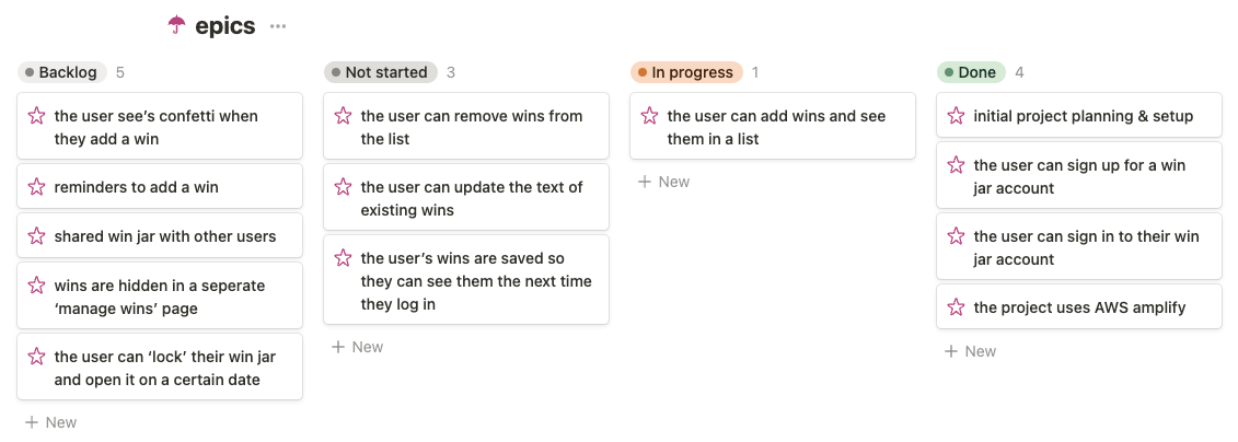 a notion kanban board for epics