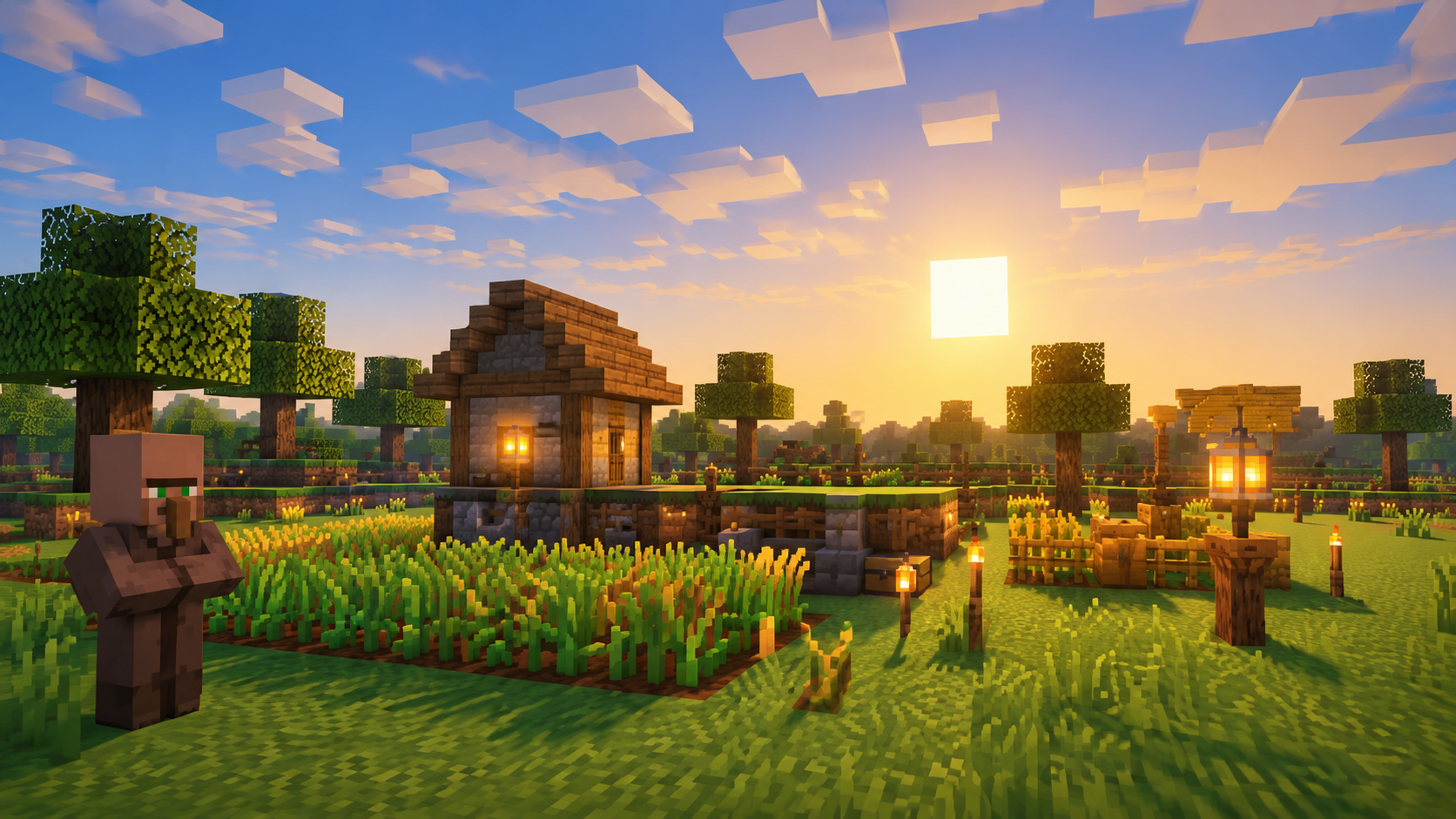 A wide voxel landscape at sunset