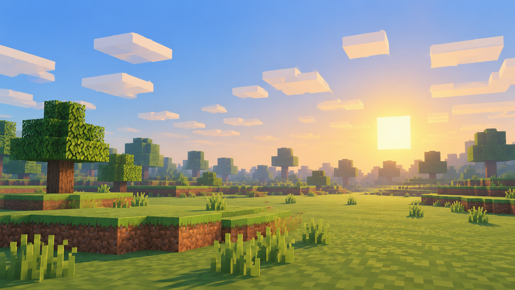 A wide voxel landscape at sunset