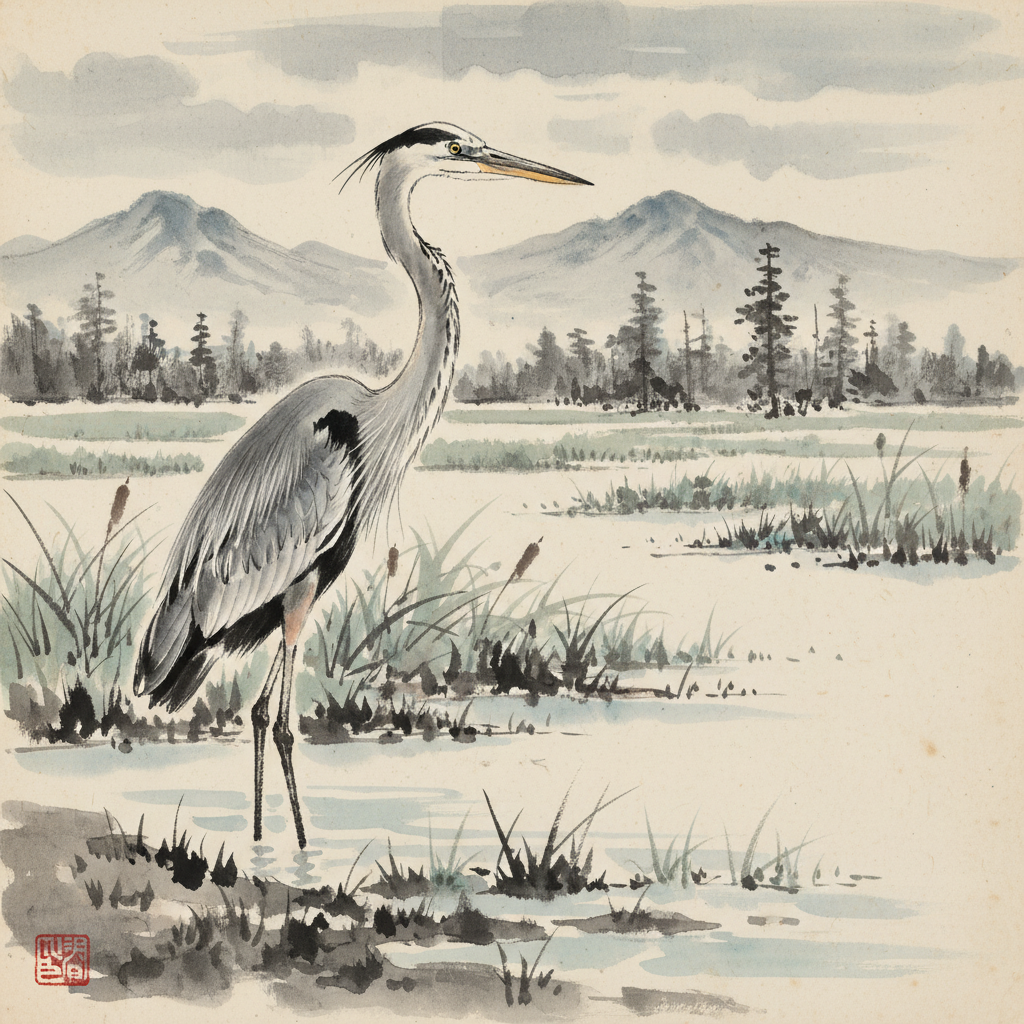 Great Heron, Ink Wash