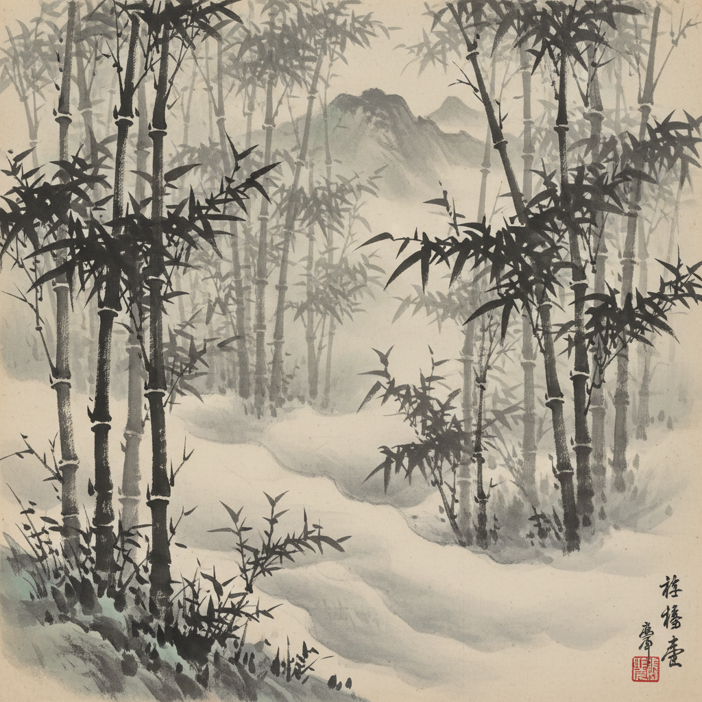 Bamboo in Mist, Ink Wash