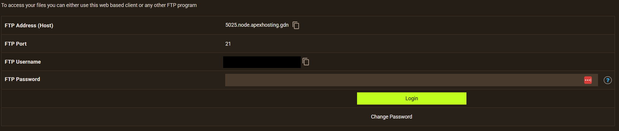 Apex panel with the FTP File Access