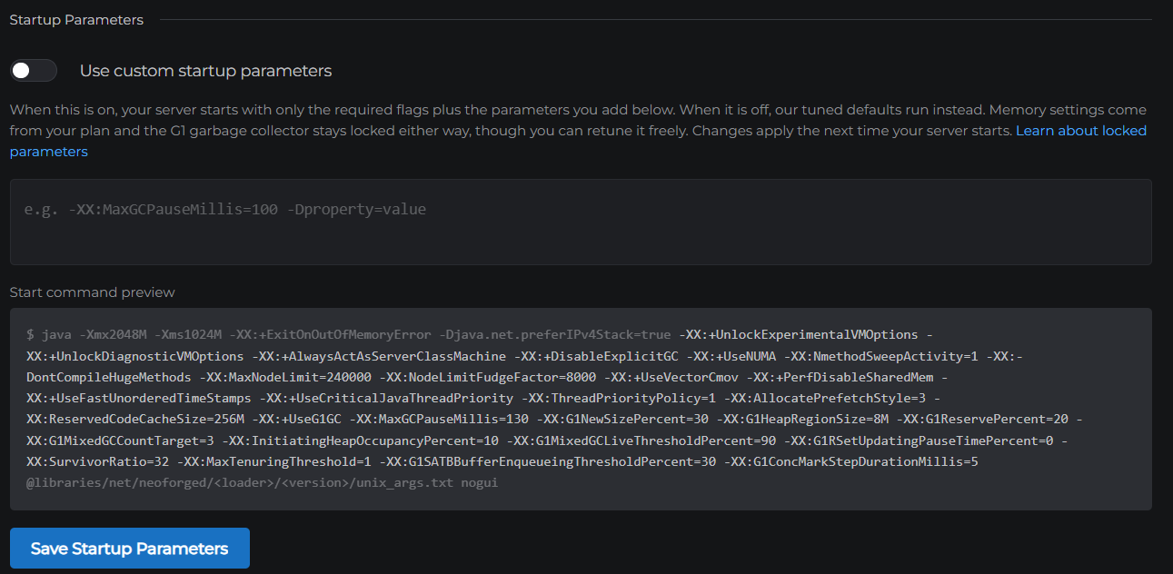 Startup Parameters section