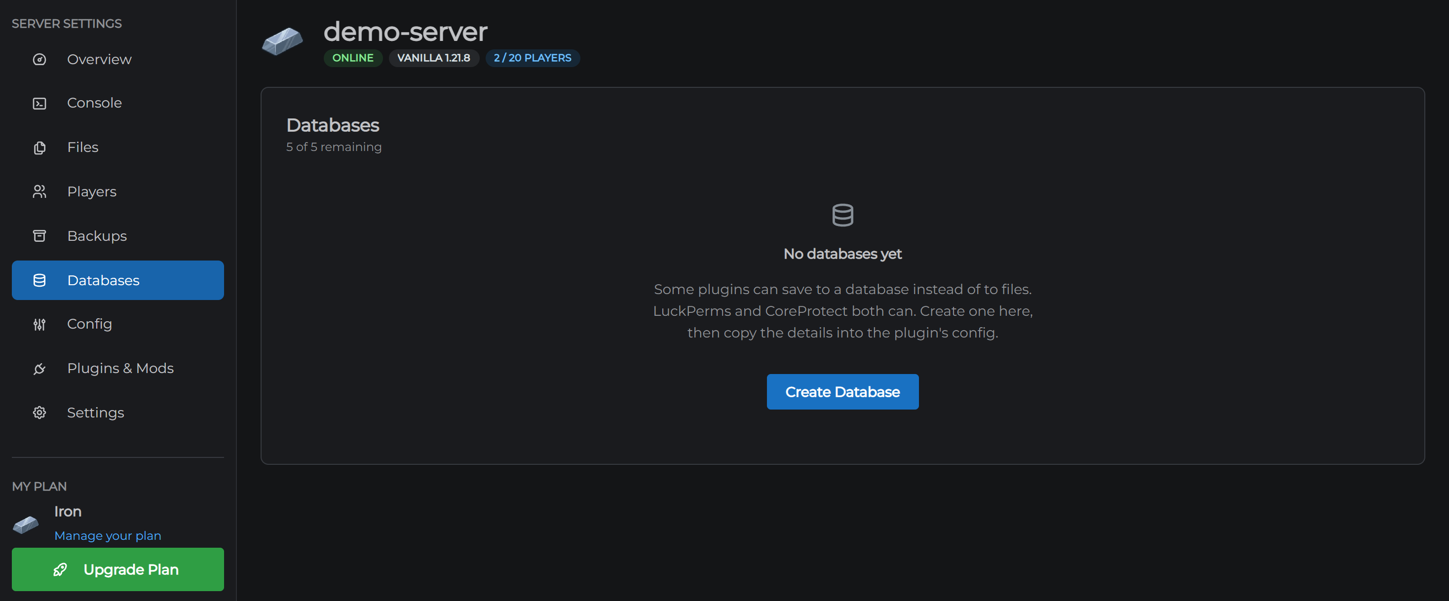 Databases Tab
