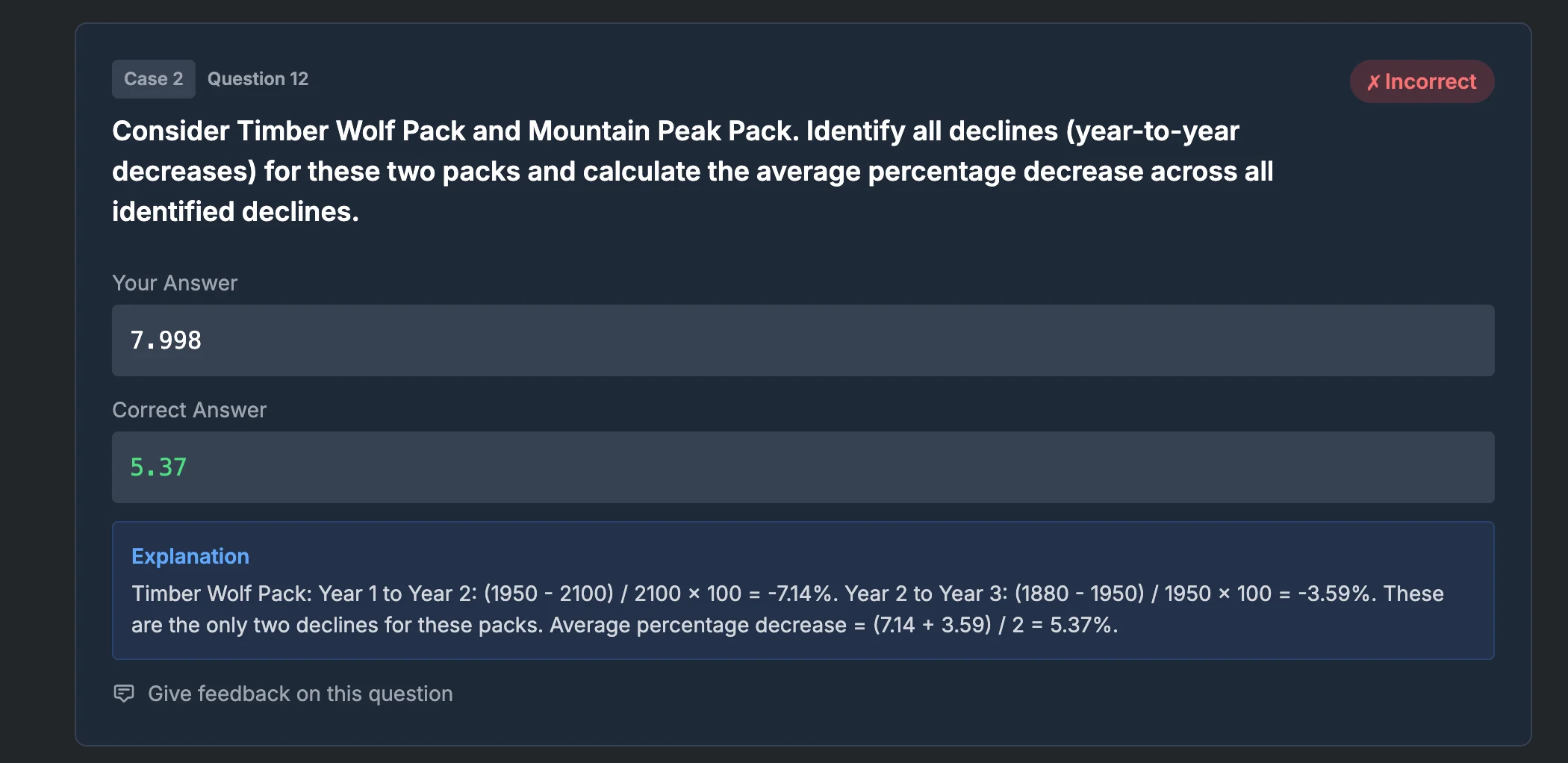 Detailed feedback showing interpretation errors