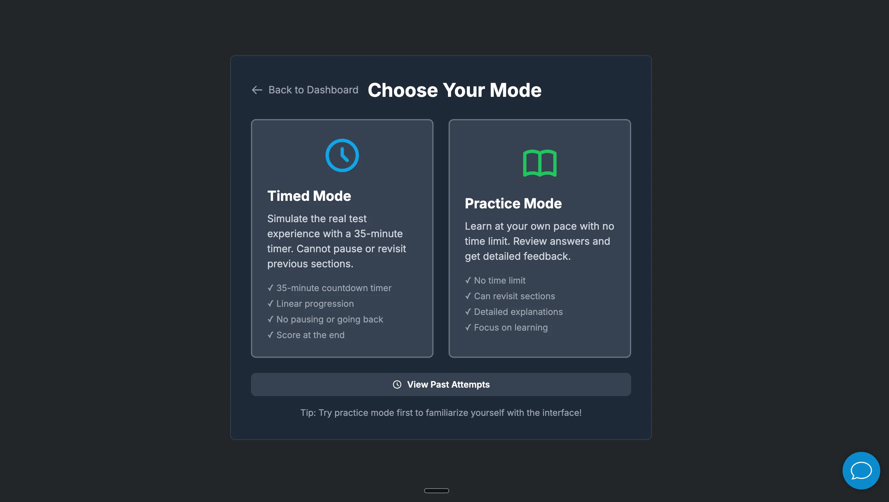 Redrock practice and assessment mode selection